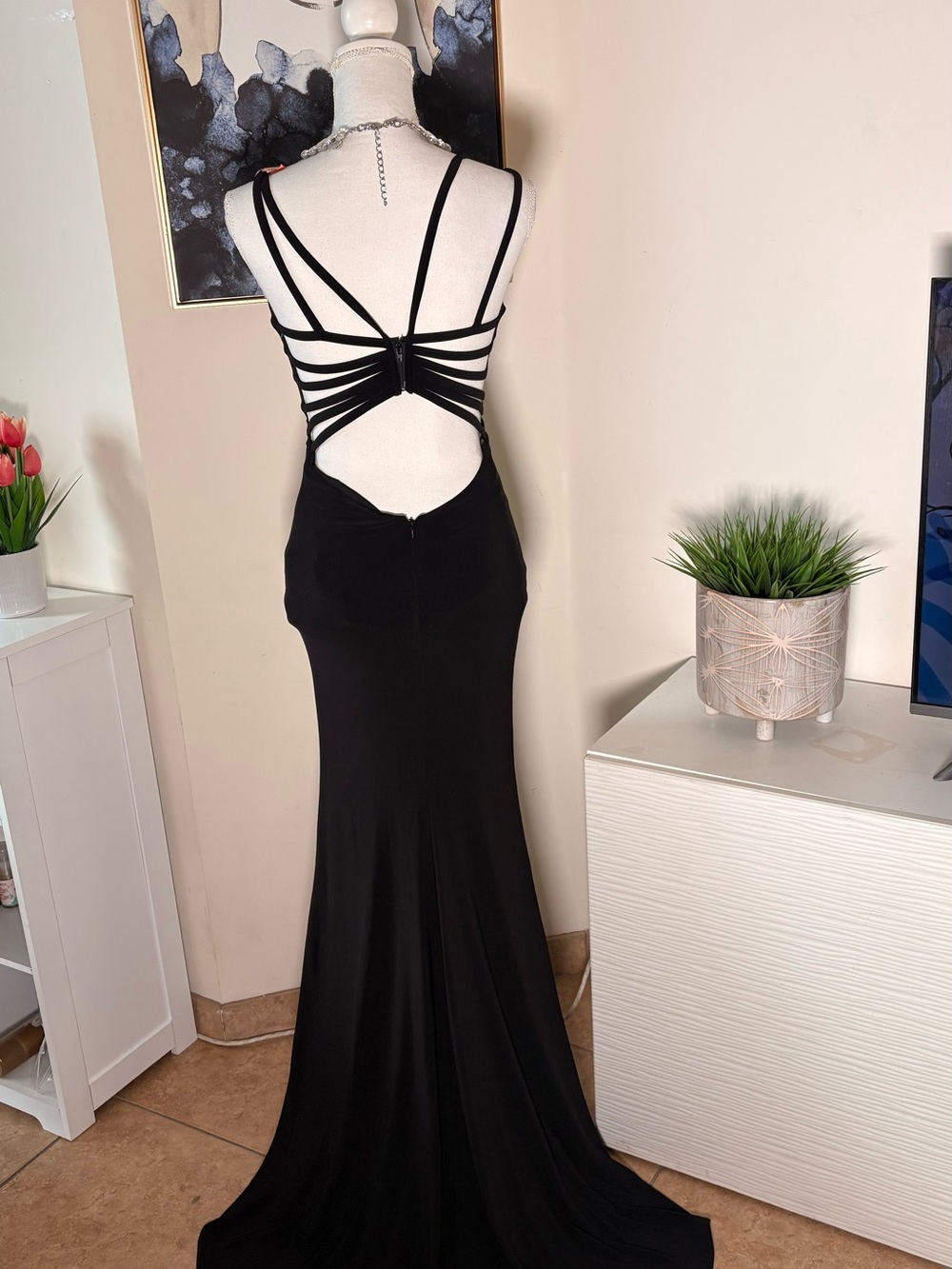 Backless Black Strappy Evening Gown